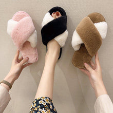 将图片加载到图库查看器，Fluffy Slippers Women Cozy Faux Fur Cross Indoor Floor Slides Flat Soft Furry Shoes Fluffy Furry Fur Slippers Flip Flop Open Toe Cozy House Memory Foam Sandals Slides Soft Flat Comfy Slippers
