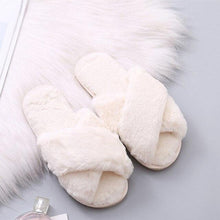 将图片加载到图库查看器，Fluffy Slippers Women Cozy Faux Fur Cross Indoor Floor Slides Flat Soft Furry Shoes Fluffy Furry Fur Slippers Flip Flop Open Toe Cozy House Memory Foam Sandals Slides Soft Flat Comfy Slippers
