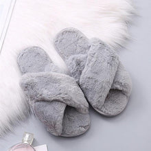 将图片加载到图库查看器，Fluffy Slippers Women Cozy Faux Fur Cross Indoor Floor Slides Flat Soft Furry Shoes Fluffy Furry Fur Slippers Flip Flop Open Toe Cozy House Memory Foam Sandals Slides Soft Flat Comfy Slippers
