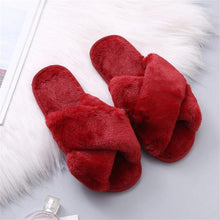 将图片加载到图库查看器，Fluffy Slippers Women Cozy Faux Fur Cross Indoor Floor Slides Flat Soft Furry Shoes Fluffy Furry Fur Slippers Flip Flop Open Toe Cozy House Memory Foam Sandals Slides Soft Flat Comfy Slippers
