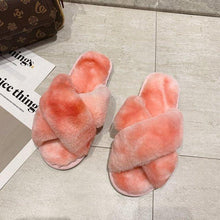 将图片加载到图库查看器，Fluffy Slippers Women Cozy Faux Fur Cross Indoor Floor Slides Flat Soft Furry Shoes Fluffy Furry Fur Slippers Flip Flop Open Toe Cozy House Memory Foam Sandals Slides Soft Flat Comfy Slippers
