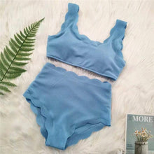 Load image into Gallery viewer, Women Solid Swimwear Female Bathing Suit Scalloped High Waist Bikini Set Two Pieces Women's Solid Color Lace-up High Waist Scoop Collar Padded Bathing Suit
