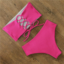 将图片加载到图库查看器，Bikini Swimwear Swimsuit Women Floral Print High Waist Bikini Set Back Cross Bathing Suit Female Beach Wear Women's Bikini Swimsuits Strapless Two Pieces Bathing Suits
