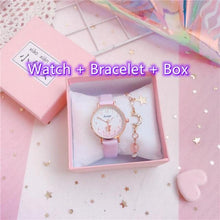 将图片加载到图库查看器，Fashion Set Bracelet Watch Leather Strap Watch Cute Cat Dial Girl Watch Children Quartz Watch Couple Watch Gift Set Valentines Romantic Lovers Watch For Man Woman Leather Strap
