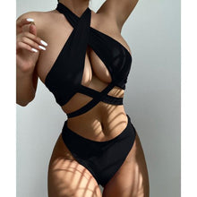 将图片加载到图库查看器，Halter Hollow Cross Bikinis Set Swimsuit Women's New Solid Two-Piece Swimwear Two Piece Swimsuit Halter Crisscross Cut Out Bikini Wrap Top with High Waist  Bottom Beach Swimwear Summer Beachwear Woman Bath Bathing Suit
