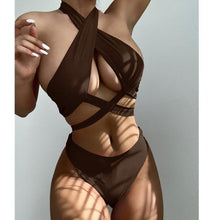 将图片加载到图库查看器，Halter Hollow Cross Bikinis Set Swimsuit Women's New Solid Two-Piece Swimwear Two Piece Swimsuit Halter Crisscross Cut Out Bikini Wrap Top with High Waist  Bottom Beach Swimwear Summer Beachwear Woman Bath Bathing Suit
