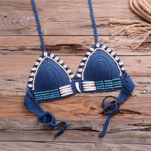 Load image into Gallery viewer, Vintage Blue Bikinis 2 Piece Halter Bikini Set Women High Waist Sequin Swimsuit  Set Handmade Crochet High Quality Swimsuit Women Push Up Swimwear Knitted Beach Wear Bathing Suit
