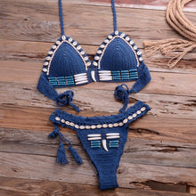 Load image into Gallery viewer, Vintage Blue Bikinis 2 Piece Halter Bikini Set Women High Waist Sequin Swimsuit  Set Handmade Crochet High Quality Swimsuit Women Push Up Swimwear Knitted Beach Wear Bathing Suit

