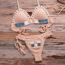 Load image into Gallery viewer, Vintage Blue Bikinis 2 Piece Halter Bikini Set Women High Waist Sequin Swimsuit  Set Handmade Crochet High Quality Swimsuit Women Push Up Swimwear Knitted Beach Wear Bathing Suit
