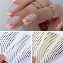 将图片加载到图库查看器，Black White 3D Nail Stickers Metal Gold Silver Geometric Tassel Strip Line Adhesive Transfer Decals Nail Art Design  Gold Silver Metal Nail Sticker  Metallic Curve Strip Line Nail Decal Self-Adhesive 3D Wave Design Nail Tips Decorations Manicure for Women
