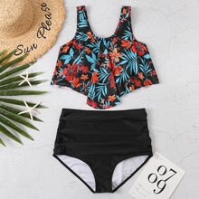 将图片加载到图库查看器，Women High Waist Bikini Plus Size Swimwear Summer Swimsuit Beach Bathing Suit Ruffle Bikini  Floral Printed Ruffle High Waist Bikini Set Women's Tummy Control Bathing Suit Swimsuit Flounce Peplum
