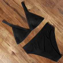 Load image into Gallery viewer, Bikini Swimwear Swimsuit Women Solid Bathing Suit Bikini Set With Pad Female High Waist Beachwear Women Bikini Swimsuits 2 Piece Deep V Neck Swimwear Adjustable Strap Back Bathing Suits
