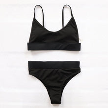Load image into Gallery viewer, High Waist Bikinis Ribbed Swimwear Women Push Up Swimsuits Women's Scoop Neck Swimsuits High Waist Bikini Sets 2 Piece Bathing Suit Solid Strap Bathing Suit Female Set
