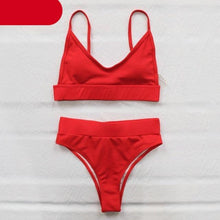 Load image into Gallery viewer, High Waist Bikinis Ribbed Swimwear Women Push Up Swimsuits Women's Scoop Neck Swimsuits High Waist Bikini Sets 2 Piece Bathing Suit Solid Strap Bathing Suit Female Set
