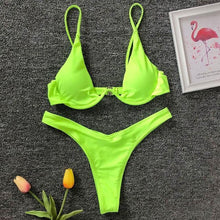 Load image into Gallery viewer, Neon V-bar Underwired Bikini Female Ribbed Swimsuit Women Swimwear Two-pieces Bikini set Push up Bathing Suit
