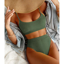 Load image into Gallery viewer, High Waist Bikinis Swimwear Women Push Up Swimsuits Solid High Waist Bikini Sets Sporty Two Pieces Swimsuit Scoop Neck Bathing Suits for Women Ribbed Bathing Suits High Cut Summer Beachwear
