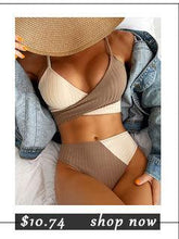 Load image into Gallery viewer, High Waist Bikinis Swimwear Women Push Up Swimsuits Solid High Waist Bikini Sets Sporty Two Pieces Swimsuit Scoop Neck Bathing Suits for Women Ribbed Bathing Suits High Cut Summer Beachwear
