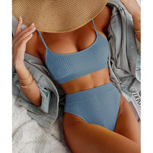 Load image into Gallery viewer, High Waist Bikinis Swimwear Women Push Up Swimsuits Solid High Waist Bikini Sets Sporty Two Pieces Swimsuit Scoop Neck Bathing Suits for Women Ribbed Bathing Suits High Cut Summer Beachwear
