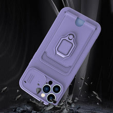 Load image into Gallery viewer, Purple Silicone Slide Camera Protector Case For iPhone 14 11 12 13 Pro Max X XR XS Magnetic Ring Card Holder Cover Heavy Duty Multifunctional Shockproof Magnetic Cover Case &amp; Holder
