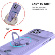 Load image into Gallery viewer, Purple Silicone Slide Camera Protector Case For iPhone 14 11 12 13 Pro Max X XR XS Magnetic Ring Card Holder Cover Heavy Duty Multifunctional Shockproof Magnetic Cover Case &amp; Holder
