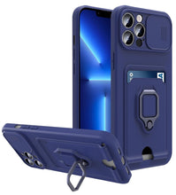 Load image into Gallery viewer, Purple Silicone Slide Camera Protector Case For iPhone 14 11 12 13 Pro Max X XR XS Magnetic Ring Card Holder Cover Heavy Duty Multifunctional Shockproof Magnetic Cover Case &amp; Holder
