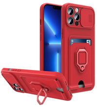 Load image into Gallery viewer, Purple Silicone Slide Camera Protector Case For iPhone 14 11 12 13 Pro Max X XR XS Magnetic Ring Card Holder Cover Heavy Duty Multifunctional Shockproof Magnetic Cover Case &amp; Holder
