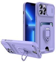Load image into Gallery viewer, Purple Silicone Slide Camera Protector Case For iPhone 14 11 12 13 Pro Max X XR XS Magnetic Ring Card Holder Cover Heavy Duty Multifunctional Shockproof Magnetic Cover Case &amp; Holder
