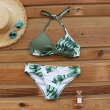 Load image into Gallery viewer, Push Up Women Bikinis Swimwear  Women's Bathing Suits Push Up Halter Bandage Bikini Floral Printing Swim Bottoms Two Piece Swimsuits Women Swimsuits Bathing Suit Halter  Leaf Print Beach Wear Plus Size

