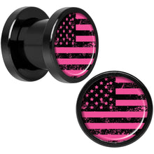 Load image into Gallery viewer, Pink American Flag Black Anodized Screw Fit Plug Set 0G
