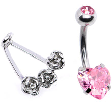 Load image into Gallery viewer, Pink CZ Gem Heart Kissed Rose Flower Dangle Belly Ring
