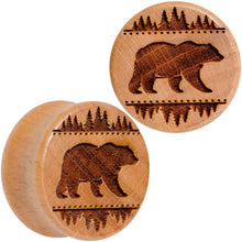 Load image into Gallery viewer, Organic Beechwood Holiday Bear in the Woods Saddle Plug Set Sizes 8mm to 20mm

