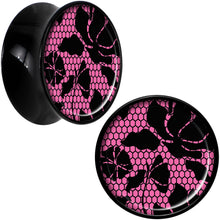 Load image into Gallery viewer, Black Acrylic Pink Floral Lace Saddle Plug Set 20mm

