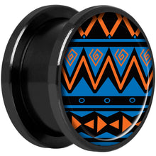Load image into Gallery viewer, Blue Orange Tribal Print Black Anodized Screw Fit Plug Set 5/8
