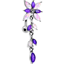 Load image into Gallery viewer, White Purple Gem Frosted Flower Trail Top Mount Dangle Belly Ring
