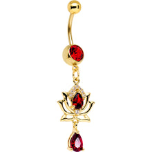 Load image into Gallery viewer, Red Clear Gem Gold PVD Red Hot Lotus Flower Dangle Belly Ring
