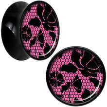 Load image into Gallery viewer, Black Acrylic Pink Floral Lace Saddle Plug Set 9/16

