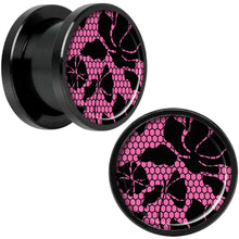 Load image into Gallery viewer, Pink Floral Lace Black Anodized Screw Fit Plug Set 1/2
