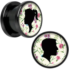 Load image into Gallery viewer, Man Woman Floral Silhouette Black Anodized Screw Fit Plug Set 1/2
