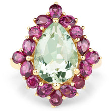 Load image into Gallery viewer, 14K Yellow Gold Plated 7.21 Carat Genuine Green Amethyst and Rhodolite .925 Sterling Silver Ring

