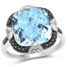 Load image into Gallery viewer, 8.29 Carat Genuine Swiss Blue Topaz, Black Diamond &amp; White Diamond .925 Sterling Silver Ring
