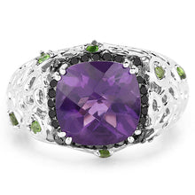 Load image into Gallery viewer, 3.27 Carat Genuine Amethyst, Chrome Diopside &amp; Black Diamond .925 Sterling Silver Ring
