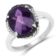 Load image into Gallery viewer, 4.52 Carat Genuine Amethyst, Black Diamond &amp; White Diamond .925 Sterling Silver Ring
