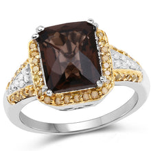 Load image into Gallery viewer, 3.48 Carat Genuine Smoky Quartz, Yellow Diamond and White Diamond .925 Sterling Silver Ring
