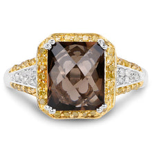 Load image into Gallery viewer, 3.48 Carat Genuine Smoky Quartz, Yellow Diamond and White Diamond .925 Sterling Silver Ring

