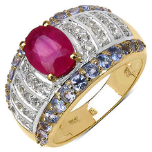 Load image into Gallery viewer, 14K Yellow Gold Plated 3.02 Carat Genuine Ruby, Tanzanite &amp; White Topaz .925 Sterling Silver Ring
