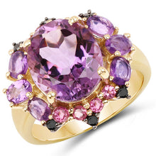 Load image into Gallery viewer, 14K Yellow Gold Plated 5.25 Carat Genuine Amethyst, Rhodolite and Blue Diamond .925 Sterling Silver Ring
