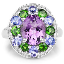Load image into Gallery viewer, 3.89 Carat Genuine Amethyst, Tanzanite &amp; Chrome Diopside .925 Sterling Silver Ring
