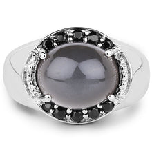 Load image into Gallery viewer, 5.68 Carat Genuine Grey Moonstone &amp; Black Spinel .925 Sterling Silver Ring
