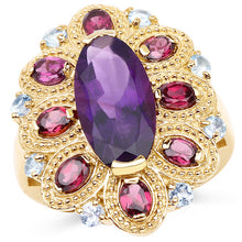 Load image into Gallery viewer, 14K Yellow Gold Plated 6.80 Carat Genuine Amethyst, Rhodolite &amp; Blue Topaz .925 Sterling Silver Ring
