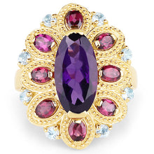 Load image into Gallery viewer, 14K Yellow Gold Plated 6.80 Carat Genuine Amethyst, Rhodolite &amp; Blue Topaz .925 Sterling Silver Ring

